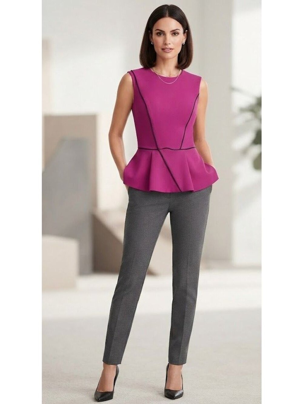 Hunter Dixon Women's Peplum Sleeveless Blouse Size 2 Zipper Detail Fitted